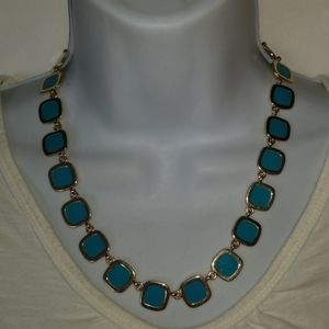 Necklace Gold Tone Blue Block Square Chain Linked